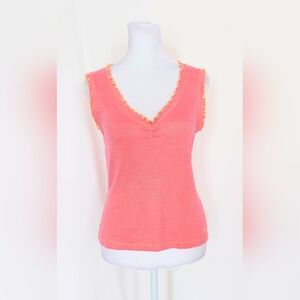 l.e.i. Womens Size Large Pink Yellow Ruffle Trim Sleeveless Tank Top